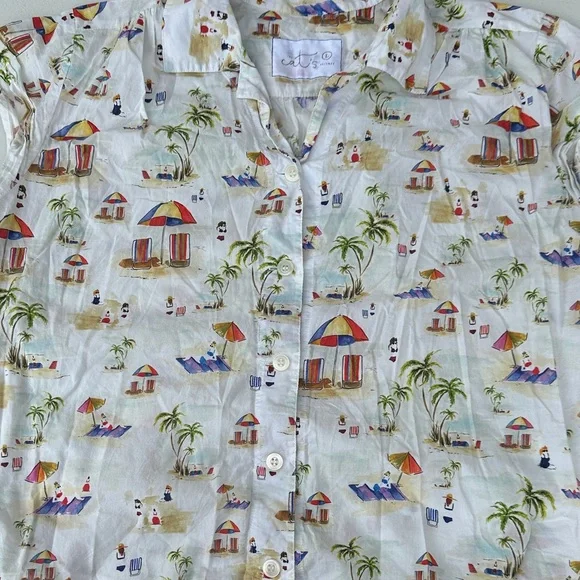 Womens Cotton Beach Print Pajama Set - Cream - Picture 2 of 5